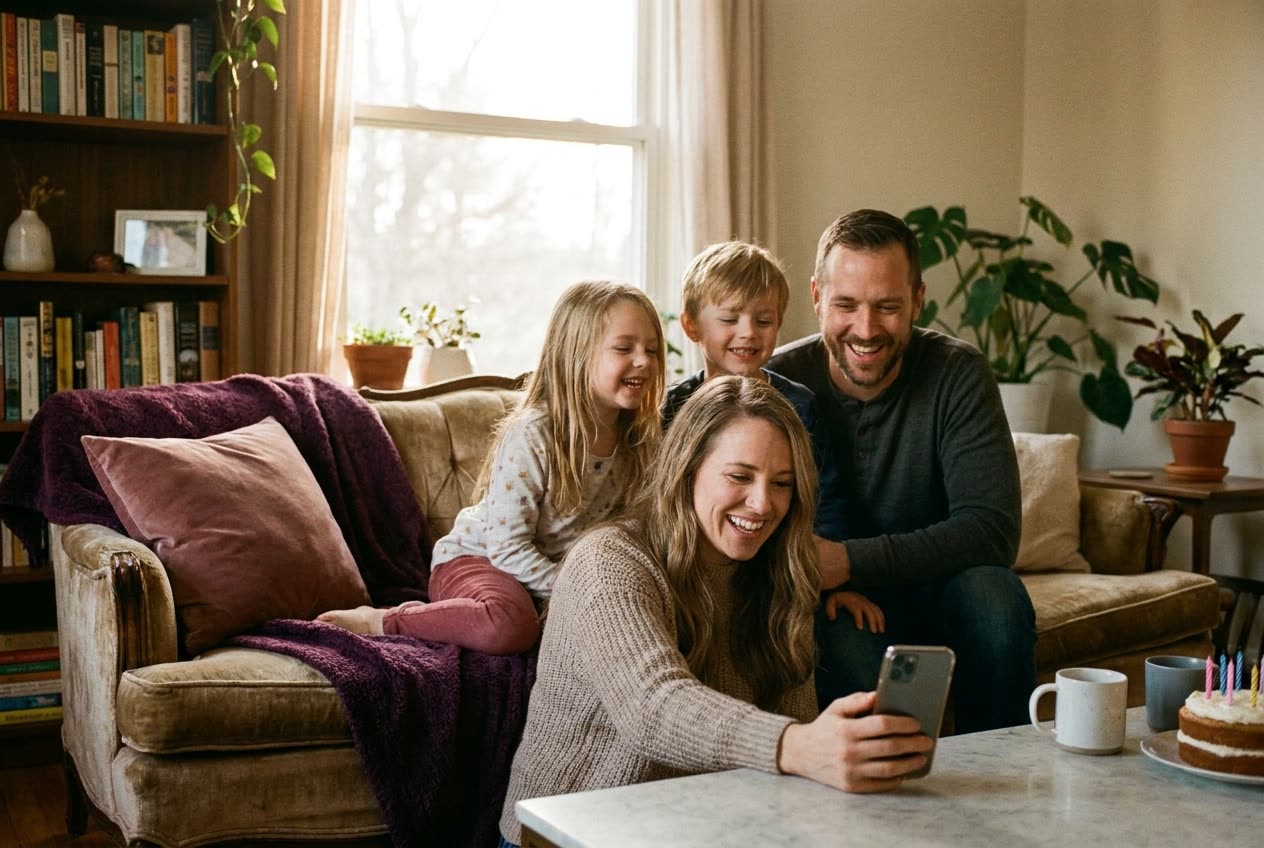 A family playing a song from a smartphone for their boyfriend during a anniversary celebration, everyone listening with delighted smiles