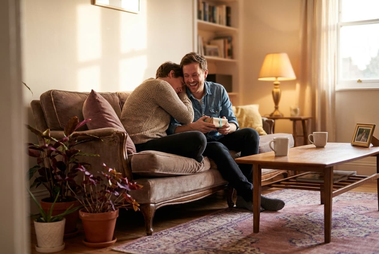A person and their boyfriend sharing a joyful anniversary moment at home