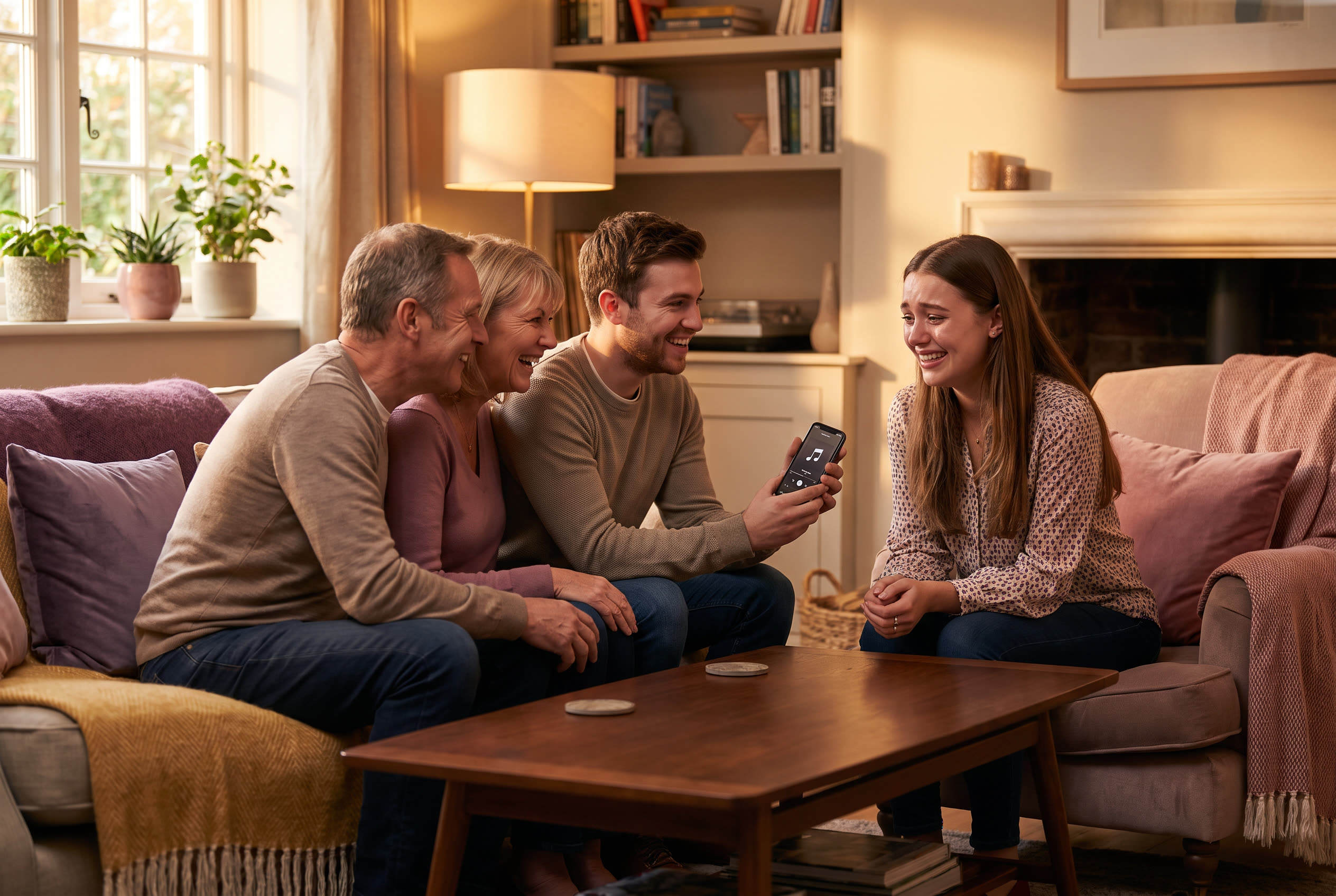 A family playing a song from a smartphone for their girlfriend during a anniversary celebration, everyone listening with delighted smiles