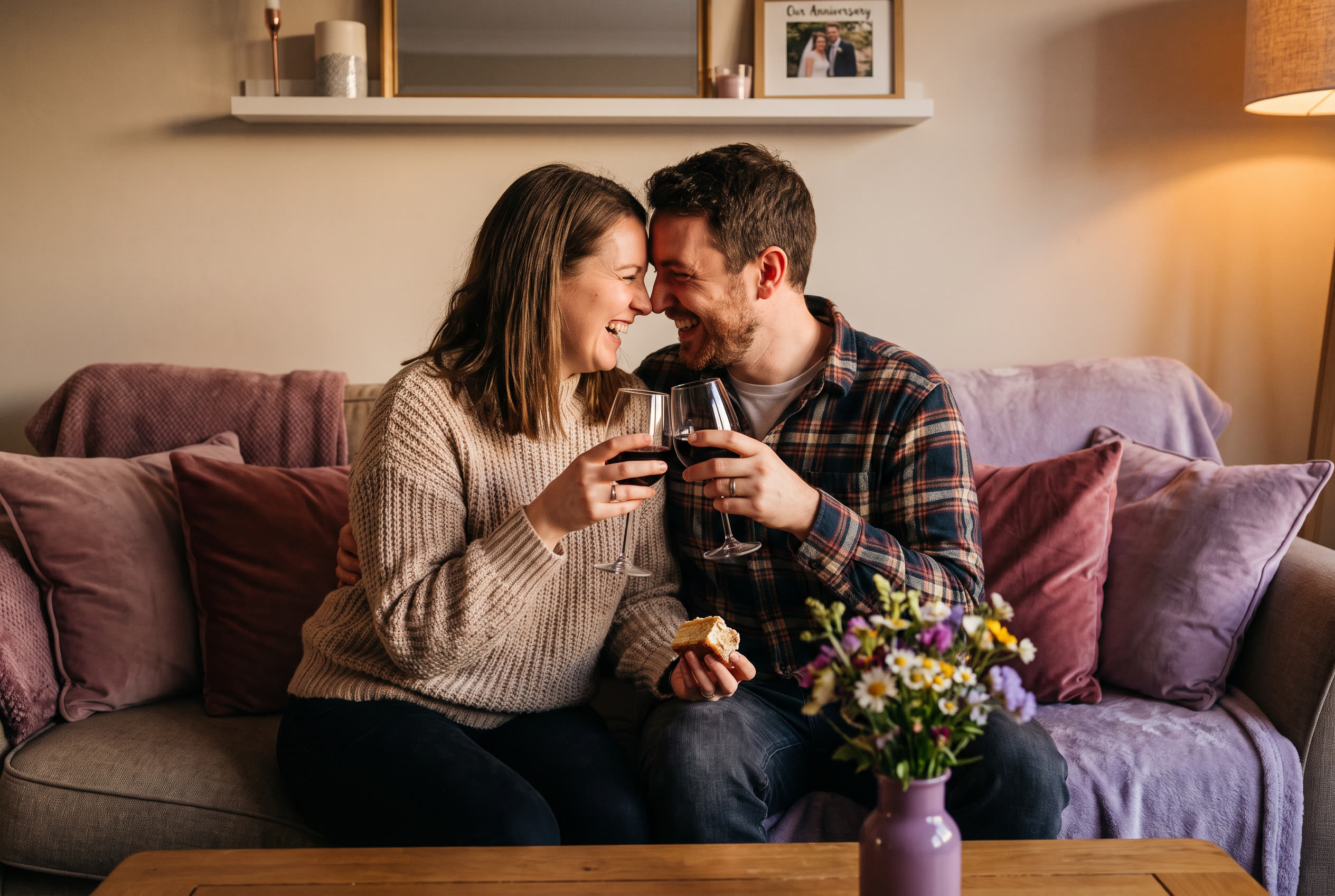 A person and their girlfriend sharing a joyful anniversary moment at home