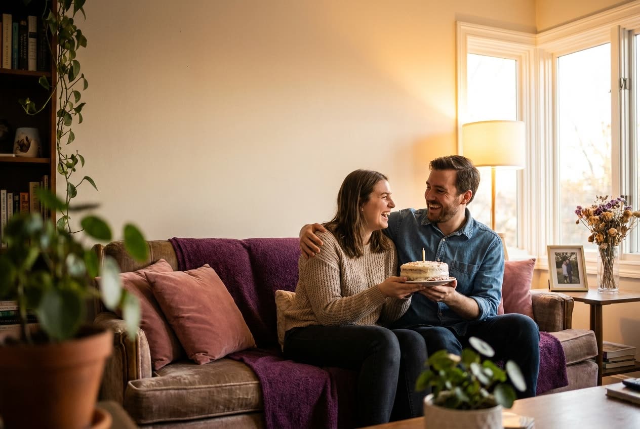 A person and their husband sharing a joyful anniversary moment at home
