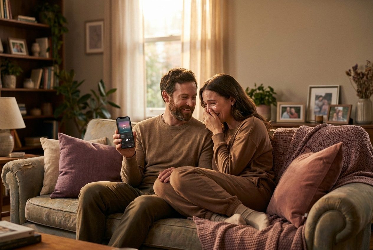 A person playing a heartfelt song from a smartphone for their wife, both visibly moved, relief and forgiveness in the air