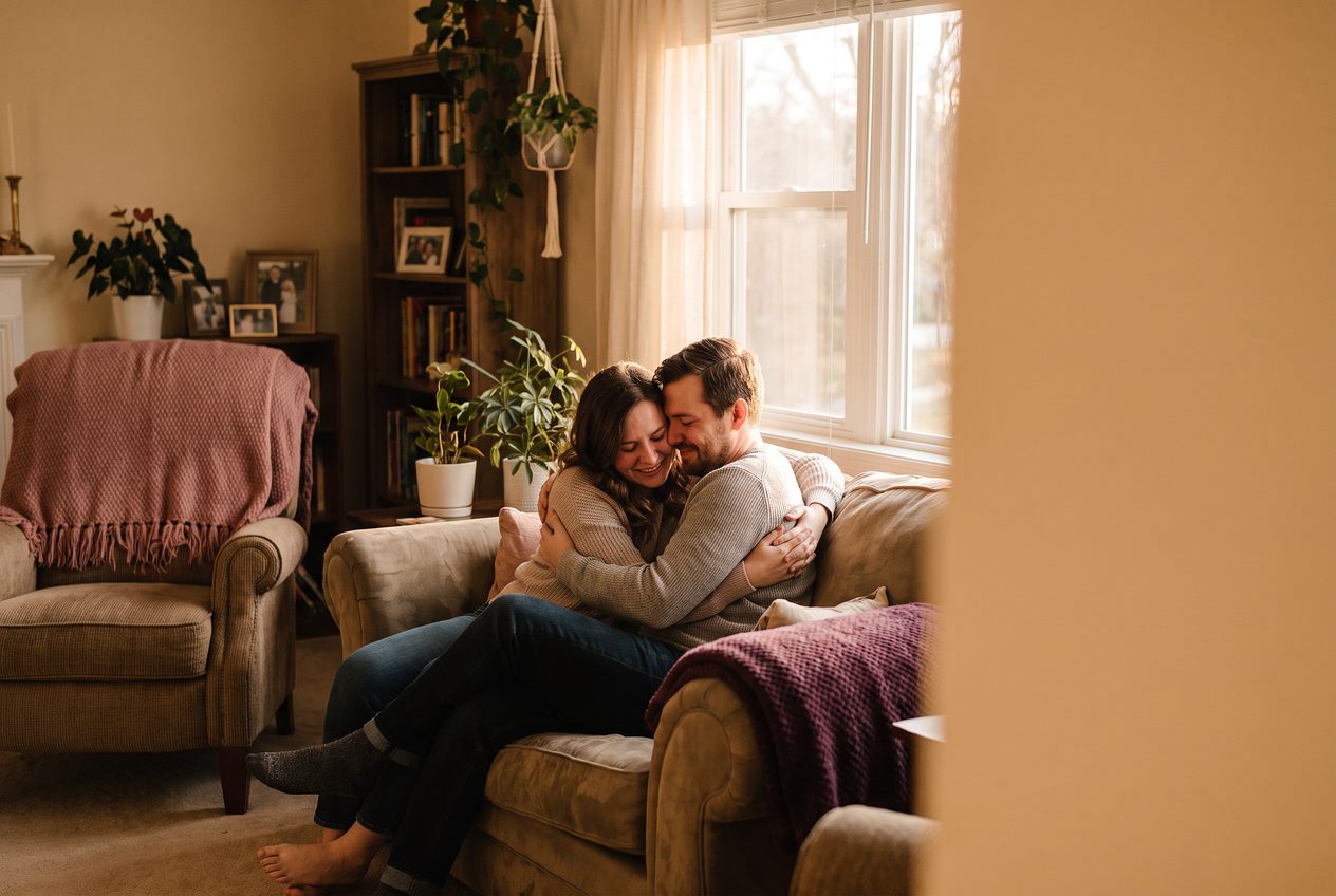A person sincerely making up with their wife at home, a warm quiet moment of reconciliation and a hug