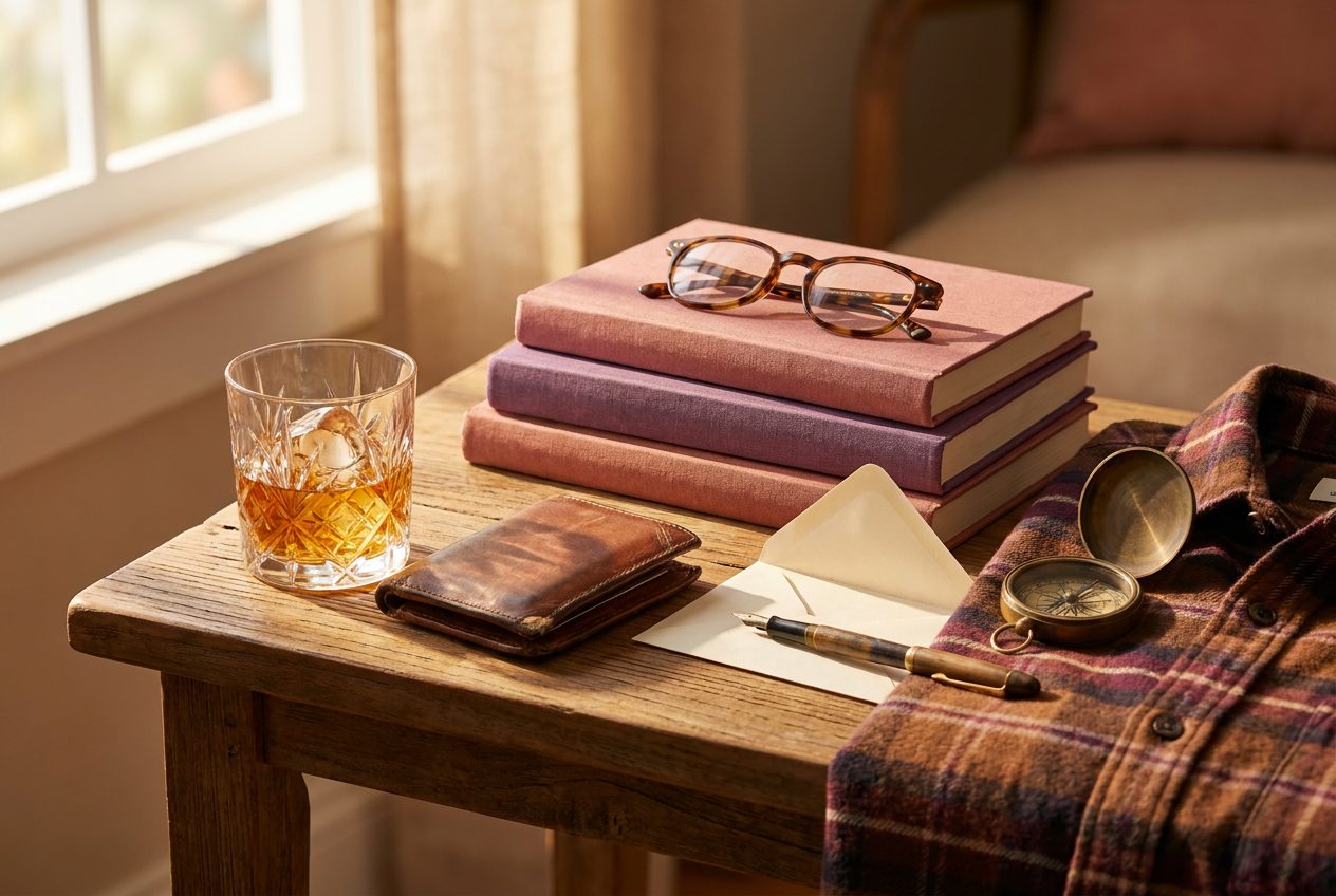 A warm wooden side table near a window in late-afternoon light: a glass tumbler with two fingers of amber whiskey catching the sun, a brown leather wallet with worn edges, a small stack of hardcover b