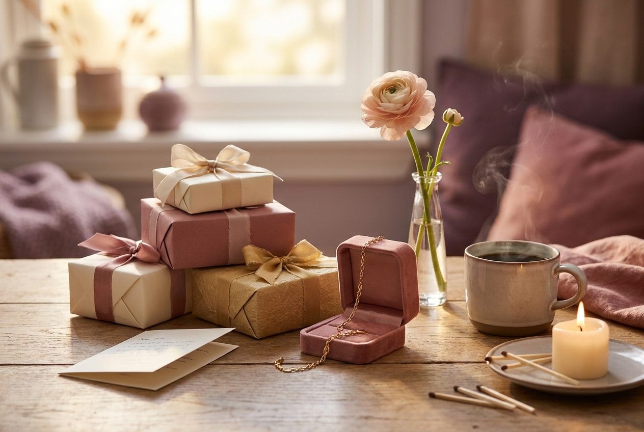 A warm wooden table in soft morning light holds a small stack of wrapped gifts in cream and dusty-rose paper, a thin gold bracelet draped over an open velvet box, a folded handwritten card, a single s
