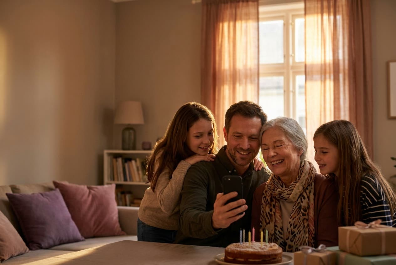A family playing a song from a smartphone for their aunt during a birthday celebration, everyone listening with delighted smiles