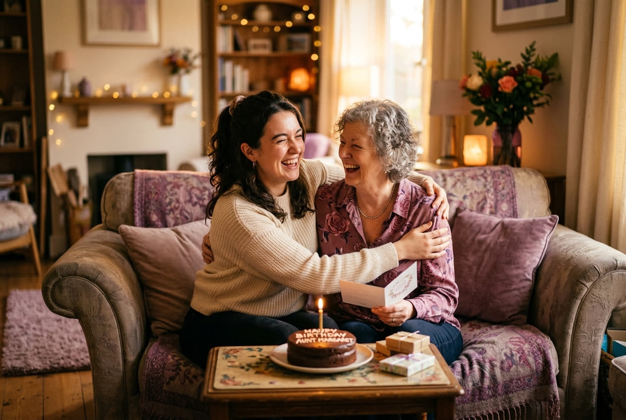 A person and their aunt sharing a joyful birthday moment at home
