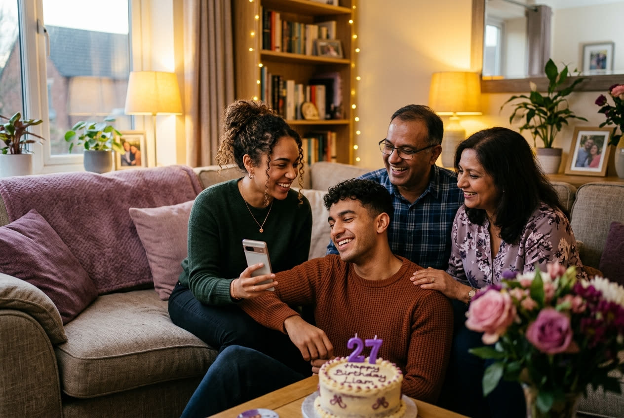 A family playing a song from a smartphone for their boyfriend during a birthday celebration, everyone listening with delighted smiles