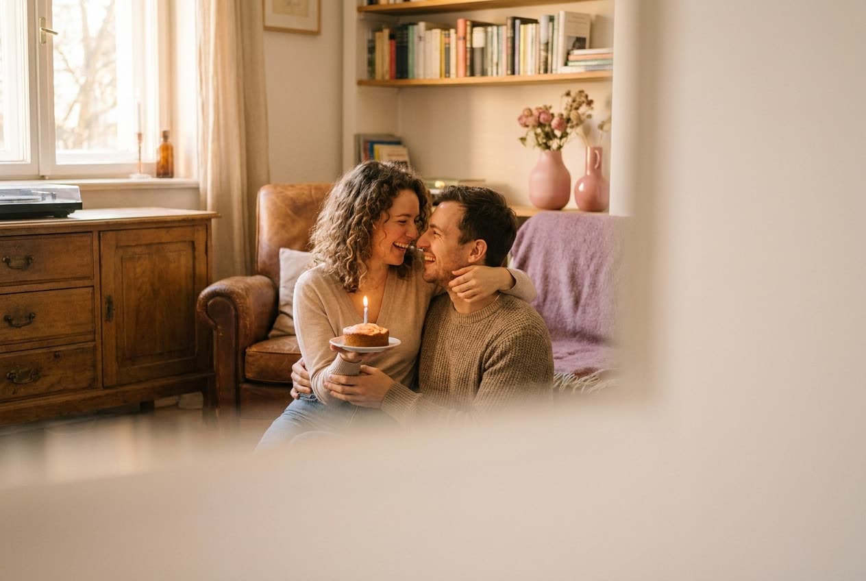 A person and their boyfriend sharing a joyful birthday moment at home
