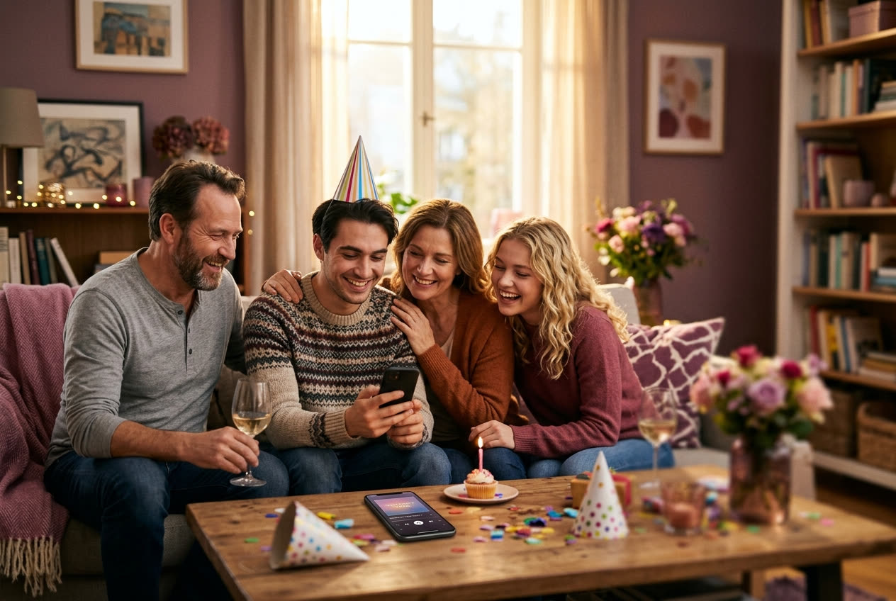 A family playing a song from a smartphone for their brother during a birthday celebration, everyone listening with delighted smiles