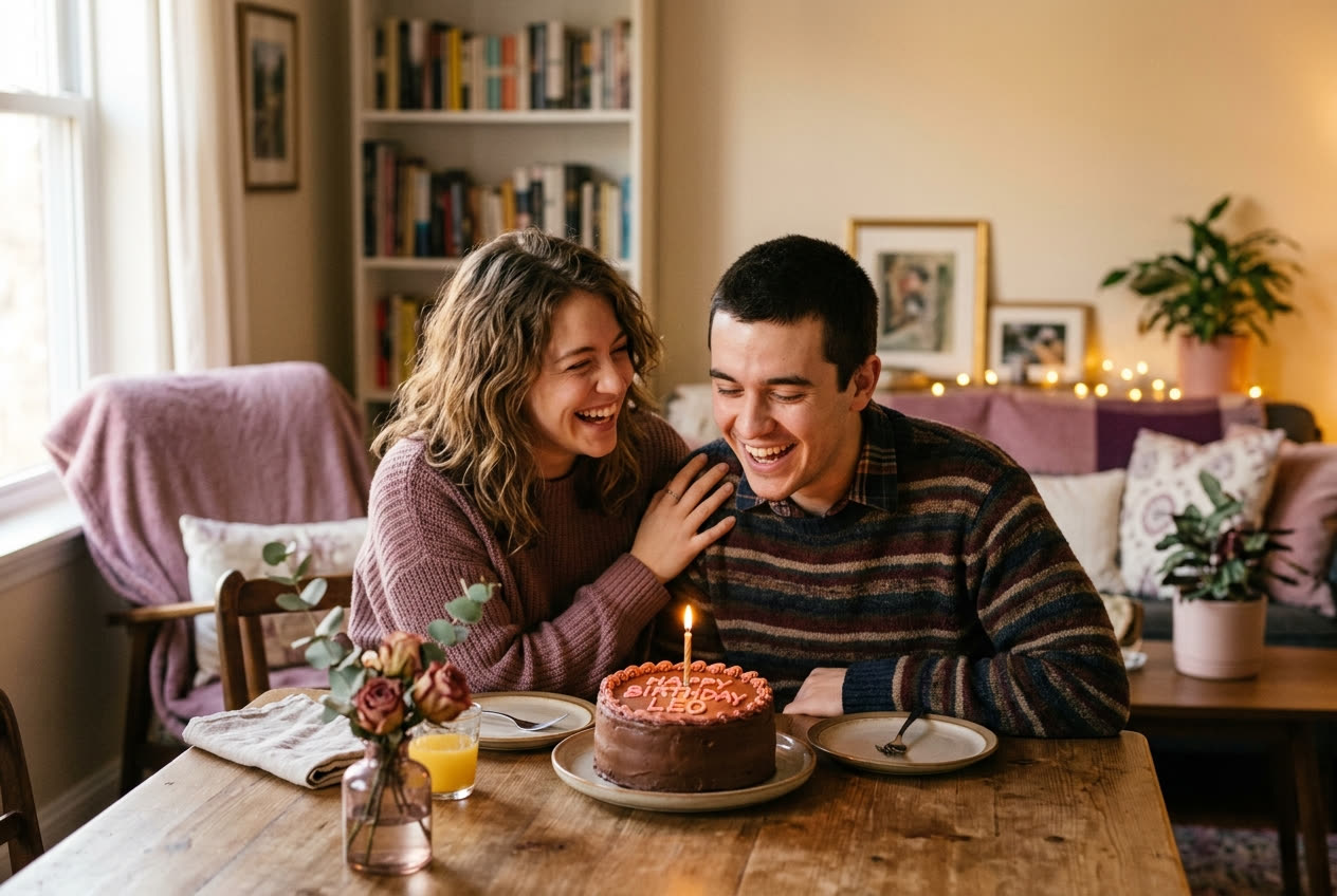 A person and their brother sharing a joyful birthday moment at home
