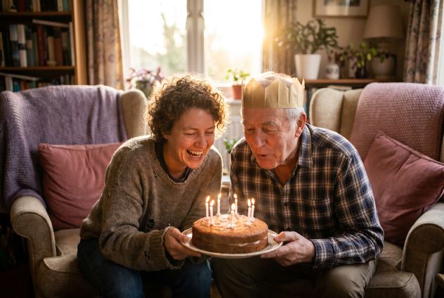 A person and their dad sharing a joyful birthday moment at home