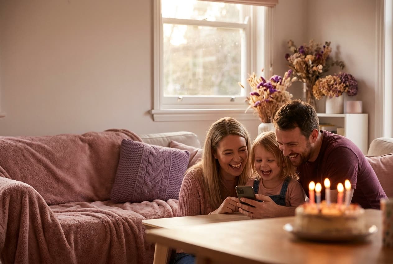 A family playing a song from a smartphone for their daughter during a birthday celebration, everyone listening with delighted smiles