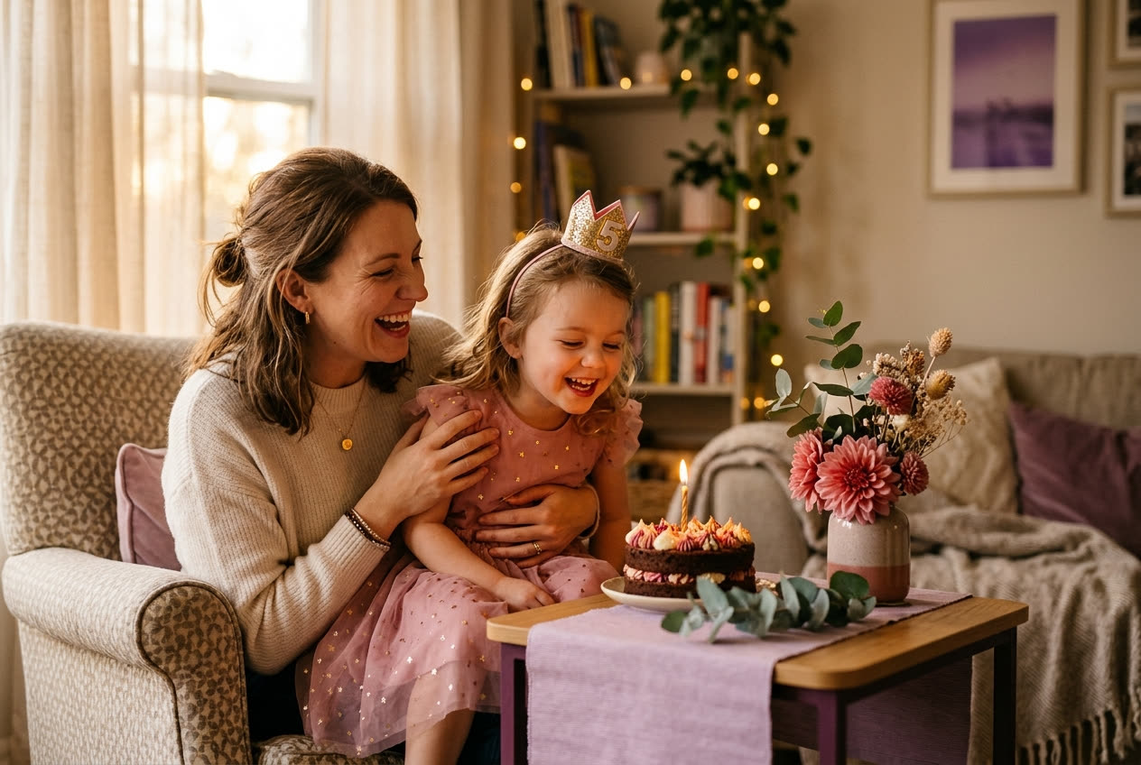 A person and their daughter sharing a joyful birthday moment at home