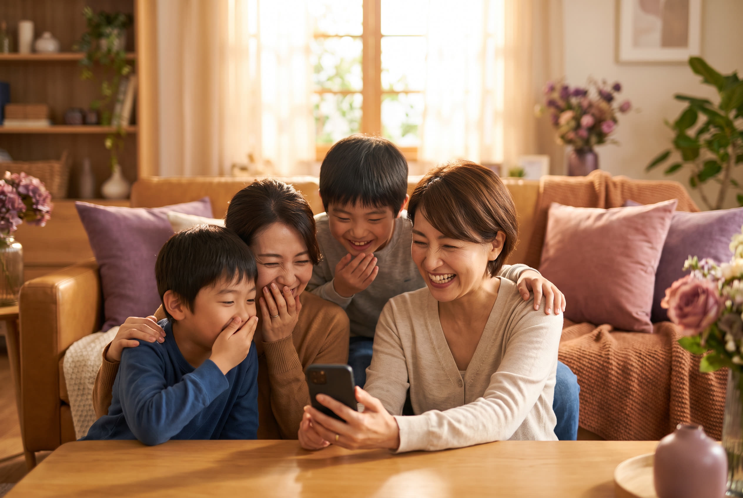 A family playing a song from a smartphone for their fiancé during a birthday celebration, everyone listening with delighted smiles