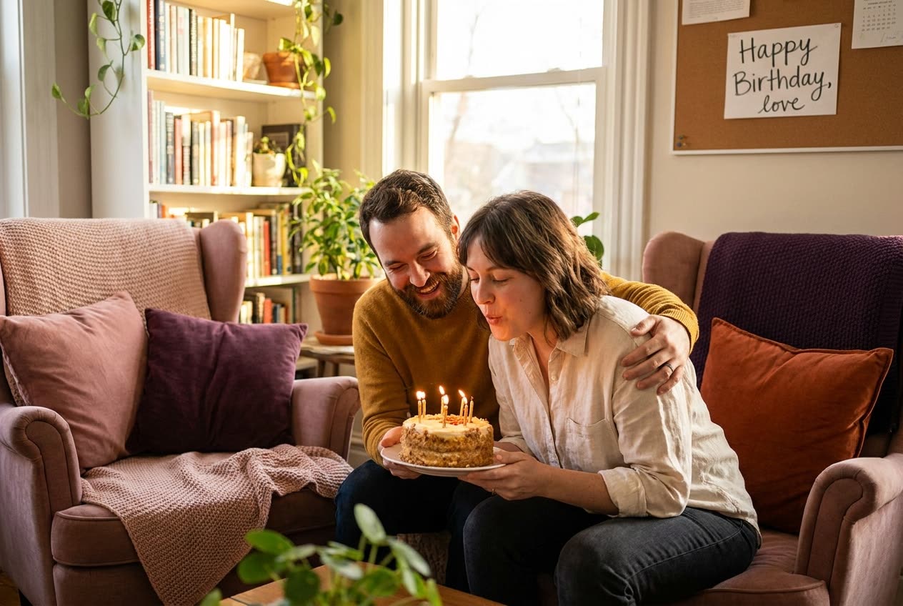 A person and their fiancé sharing a joyful birthday moment at home