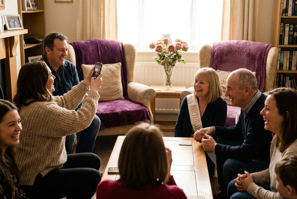 A family playing a song from a smartphone for their fiancée during a birthday celebration, everyone listening with delighted smiles