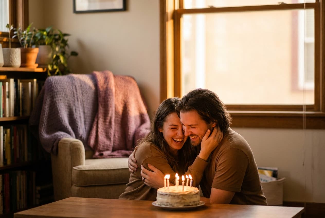 A person and their fiancée sharing a joyful birthday moment at home