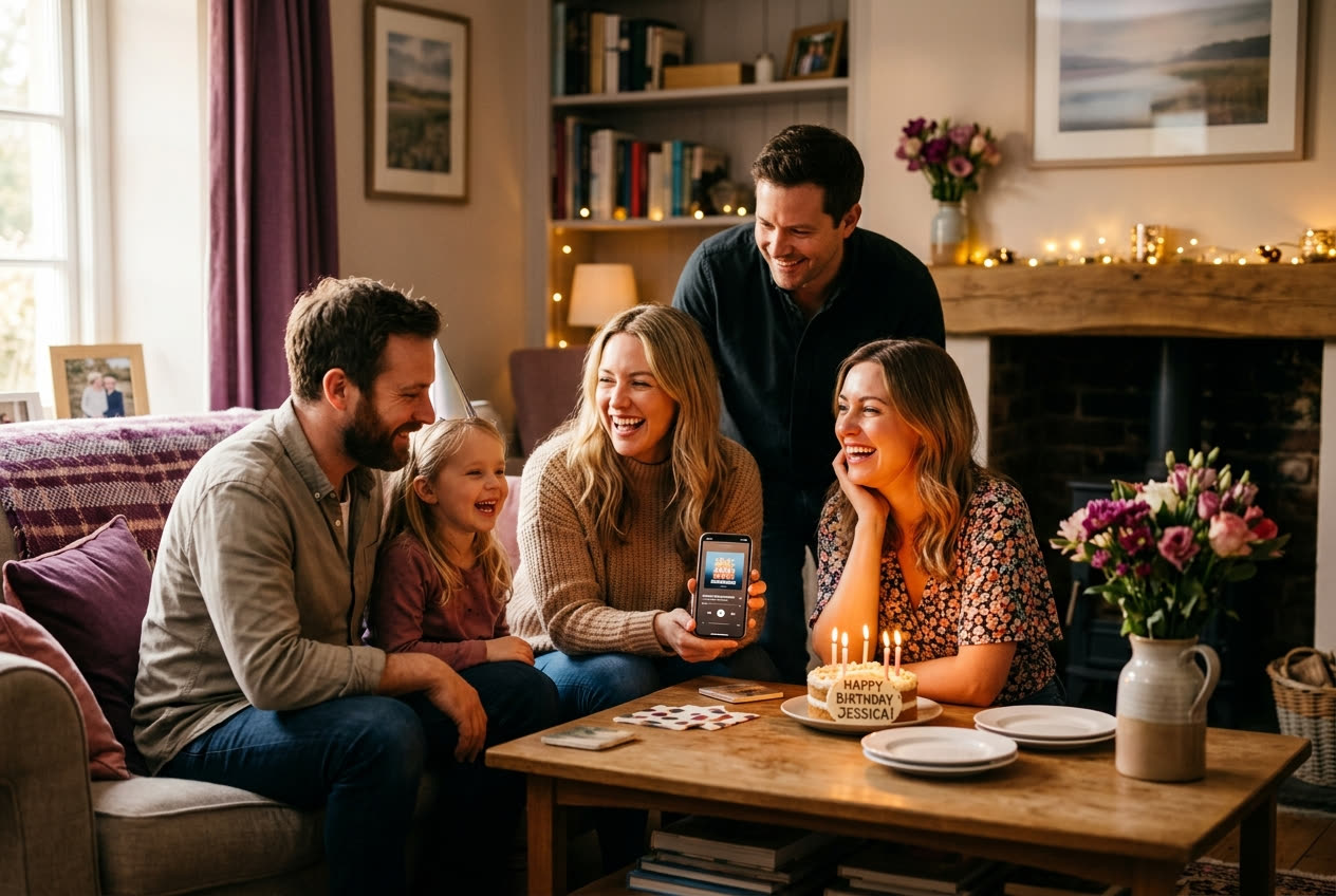A family playing a song from a smartphone for their friend during a birthday celebration, everyone listening with delighted smiles
