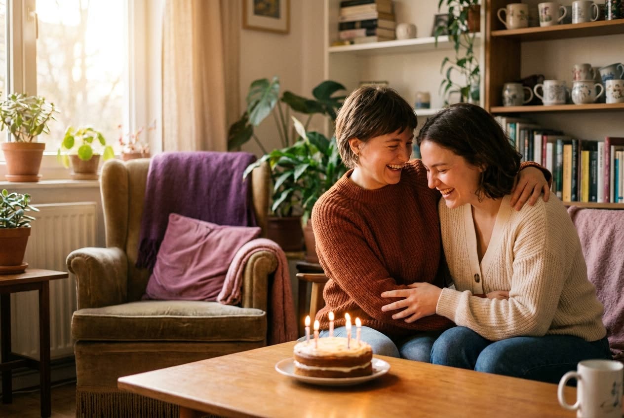 A person and their friend sharing a joyful birthday moment at home