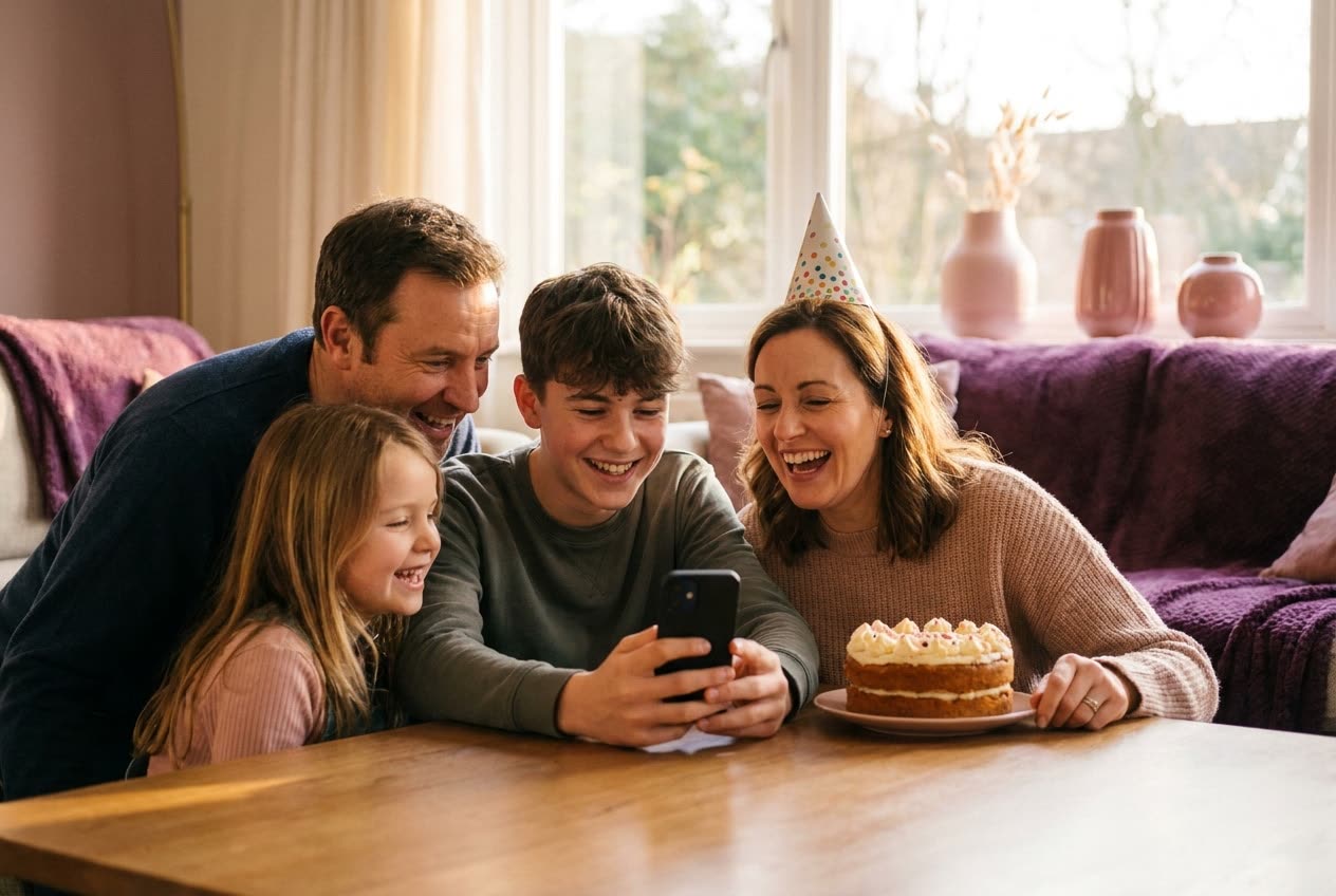 A family playing a song from a smartphone for their girlfriend during a birthday celebration, everyone listening with delighted smiles