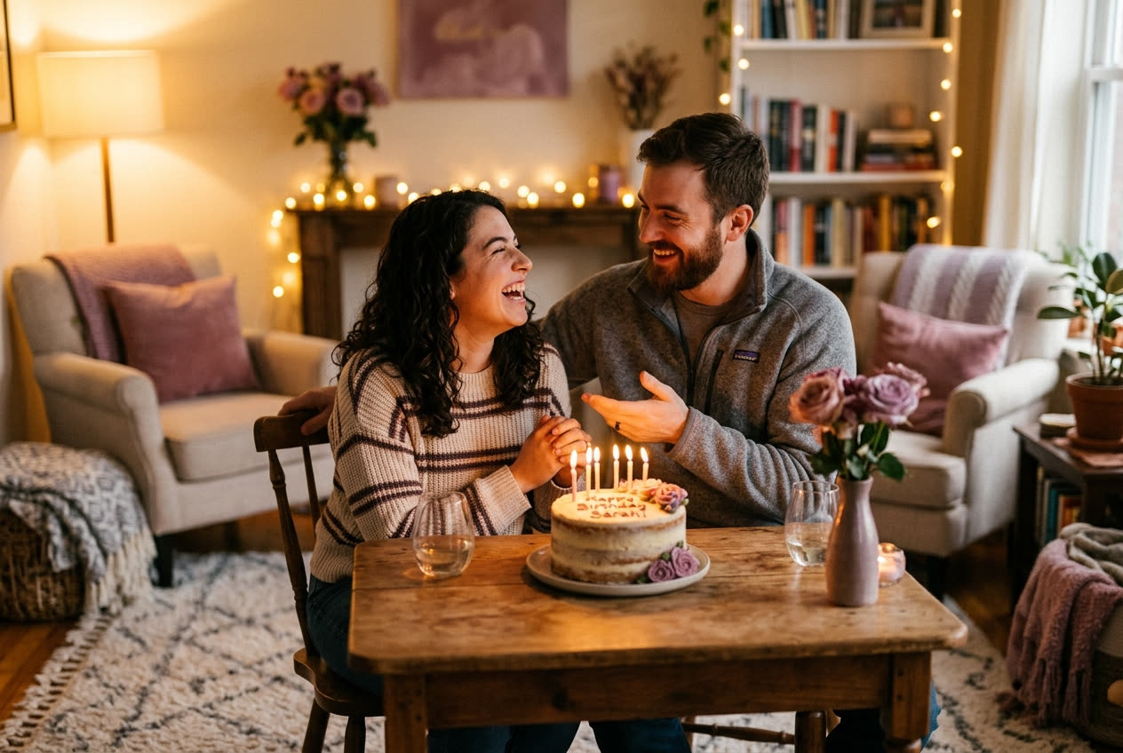 A person and their girlfriend sharing a joyful birthday moment at home