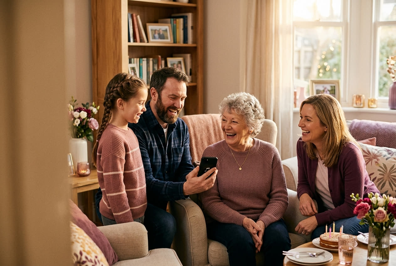 A family playing a song from a smartphone for their grandma during a birthday celebration, everyone listening with delighted smiles