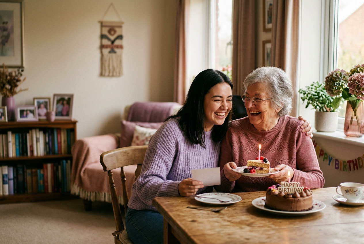 A person and their grandma sharing a joyful birthday moment at home