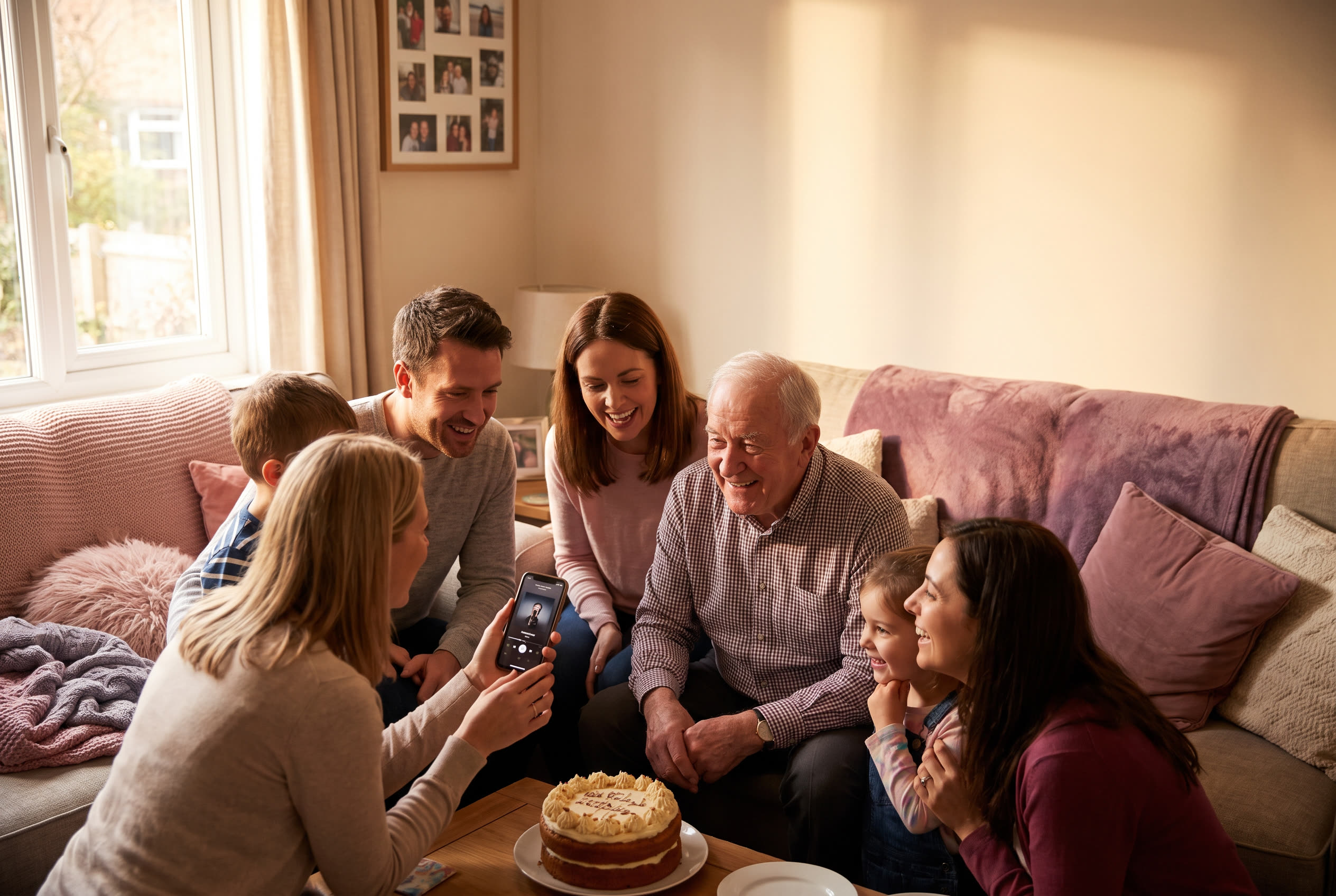 A family playing a song from a smartphone for their grandpa during a birthday celebration, everyone listening with delighted smiles
