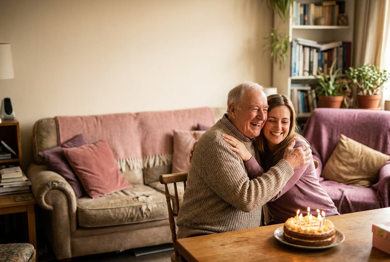 A person and their grandpa sharing a joyful birthday moment at home