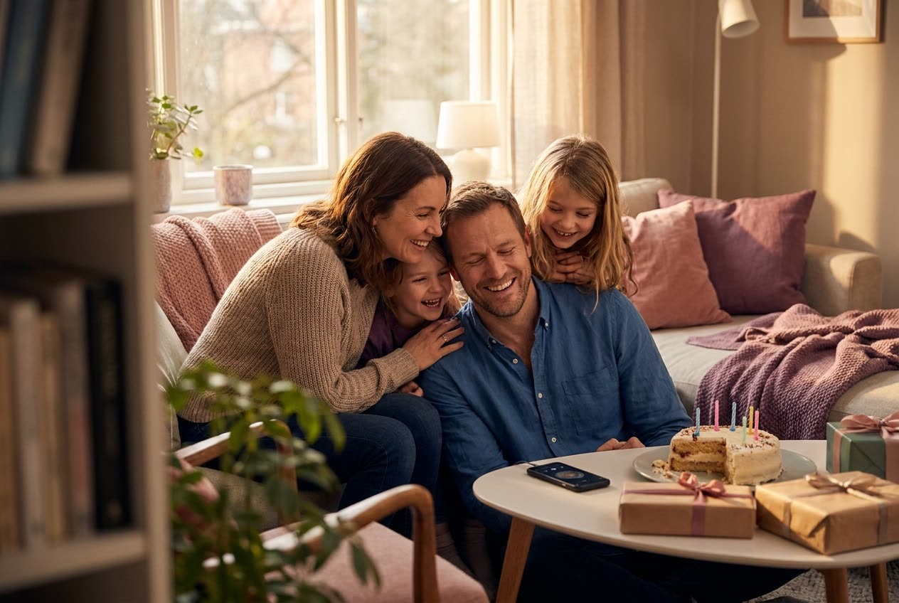 A family playing a song from a smartphone for their husband during a birthday celebration, everyone listening with delighted smiles
