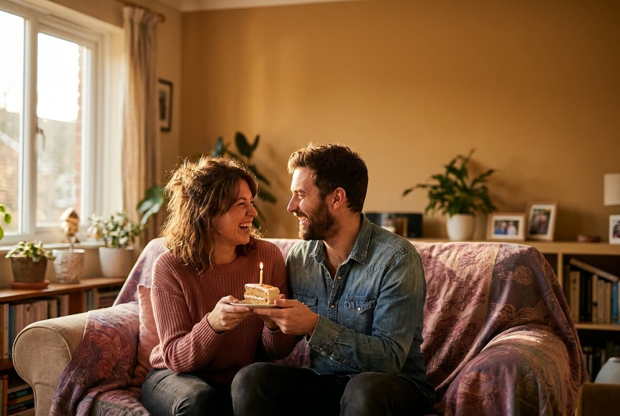 A person and their husband sharing a joyful birthday moment at home