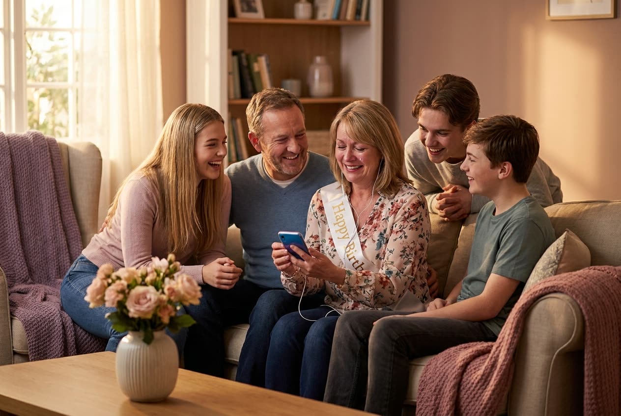 A family playing a song from a smartphone for their mom during a birthday celebration, everyone listening with delighted smiles
