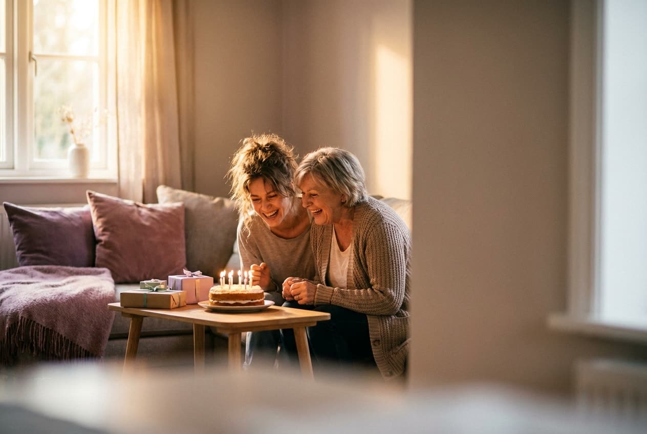 A person and their mom sharing a joyful birthday moment at home