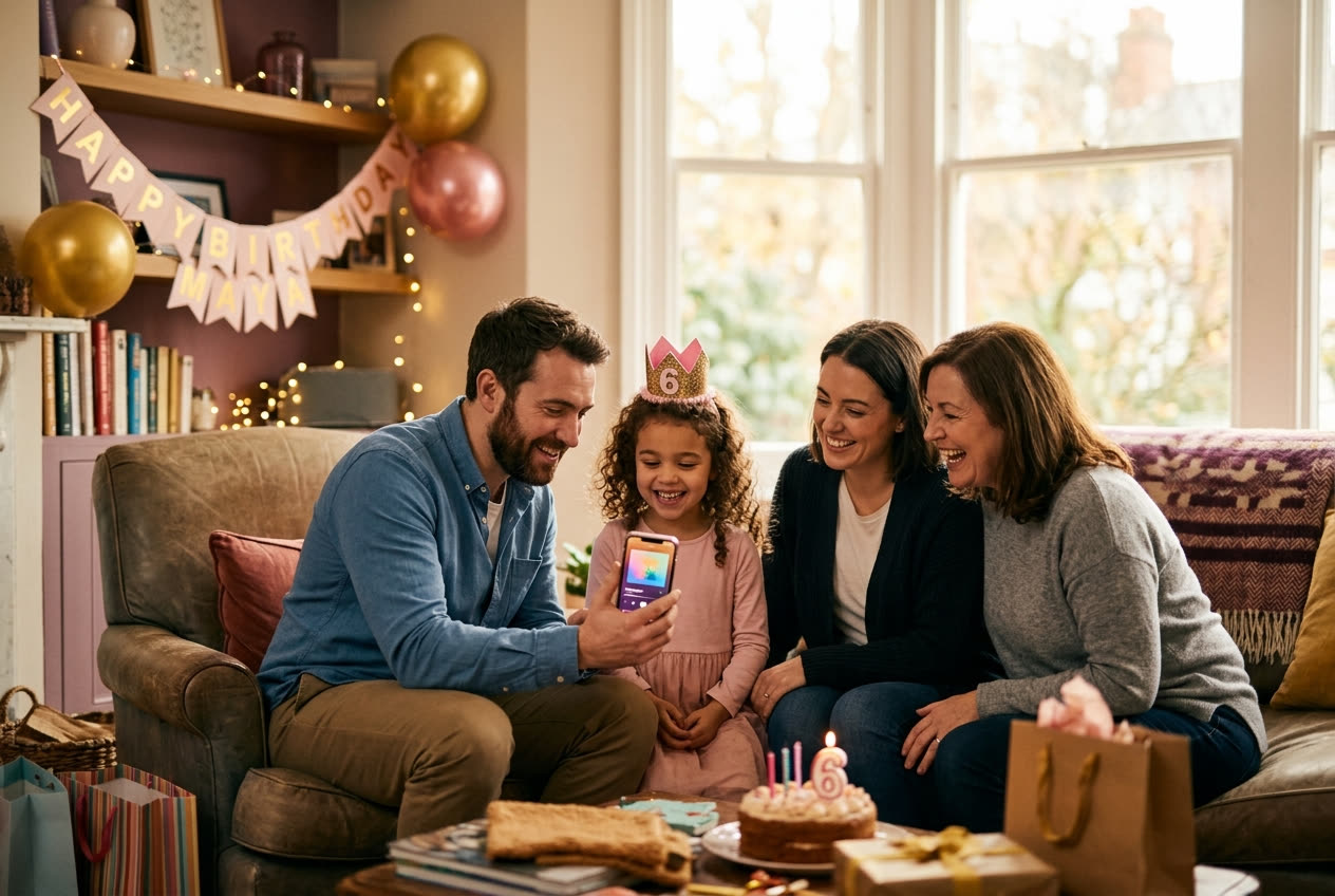 A family playing a song from a smartphone for their niece during a birthday celebration, everyone listening with delighted smiles
