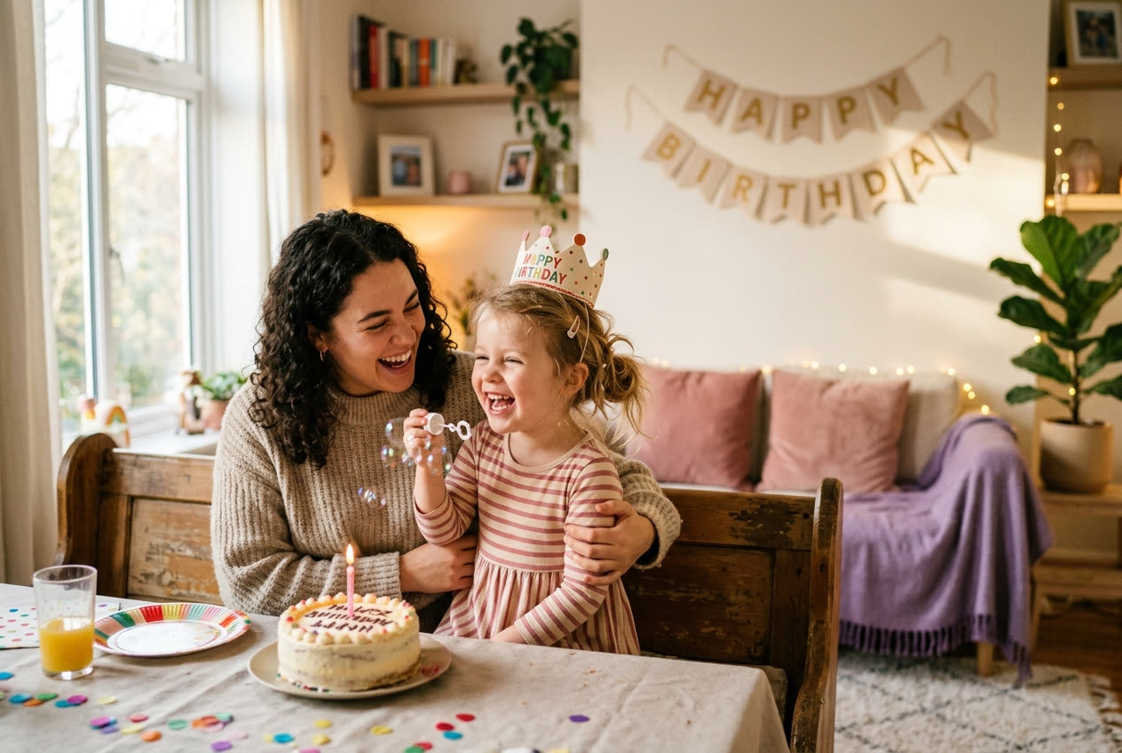 A person and their niece sharing a joyful birthday moment at home