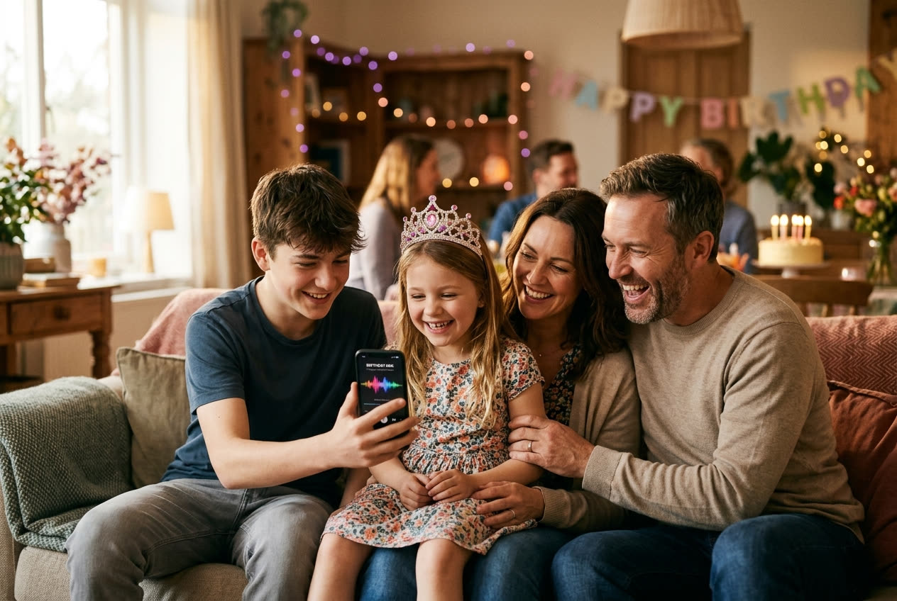 A family playing a song from a smartphone for their sister during a birthday celebration, everyone listening with delighted smiles