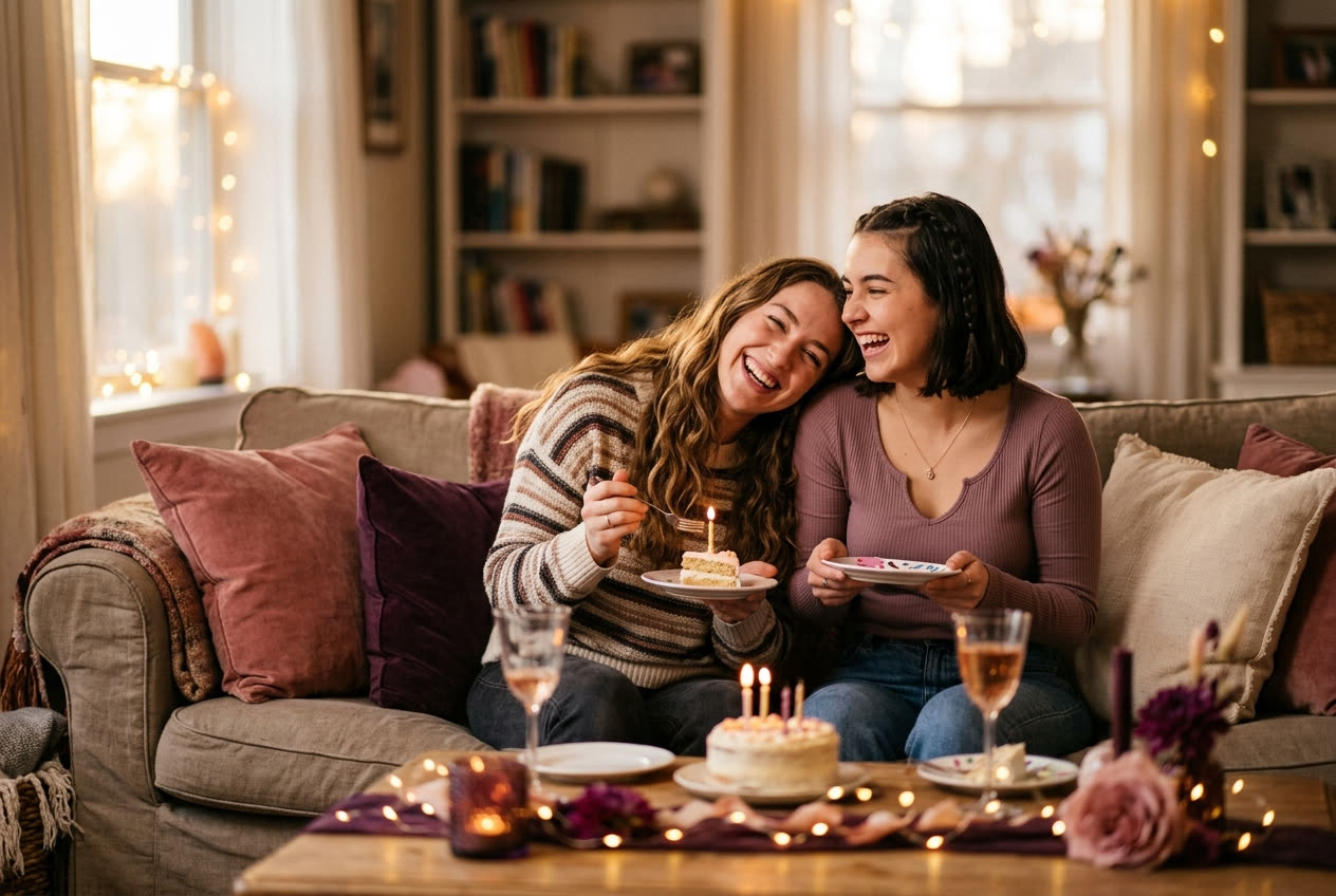 A person and their sister sharing a joyful birthday moment at home
