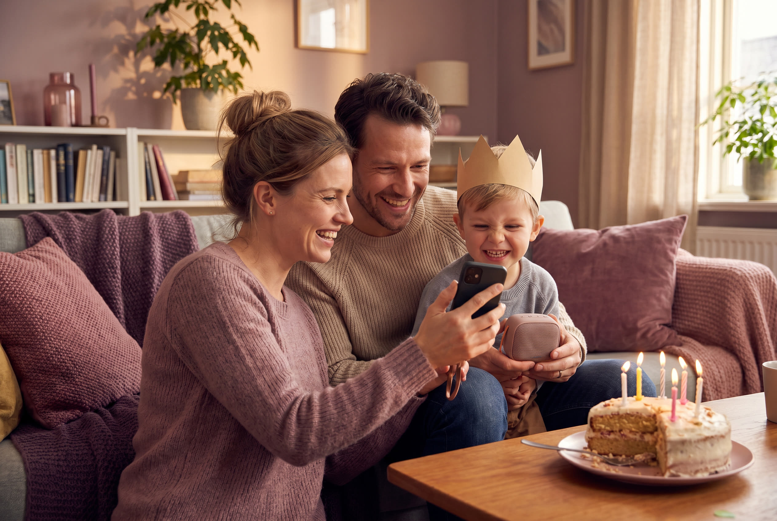 A family playing a song from a smartphone for their son during a birthday celebration, everyone listening with delighted smiles