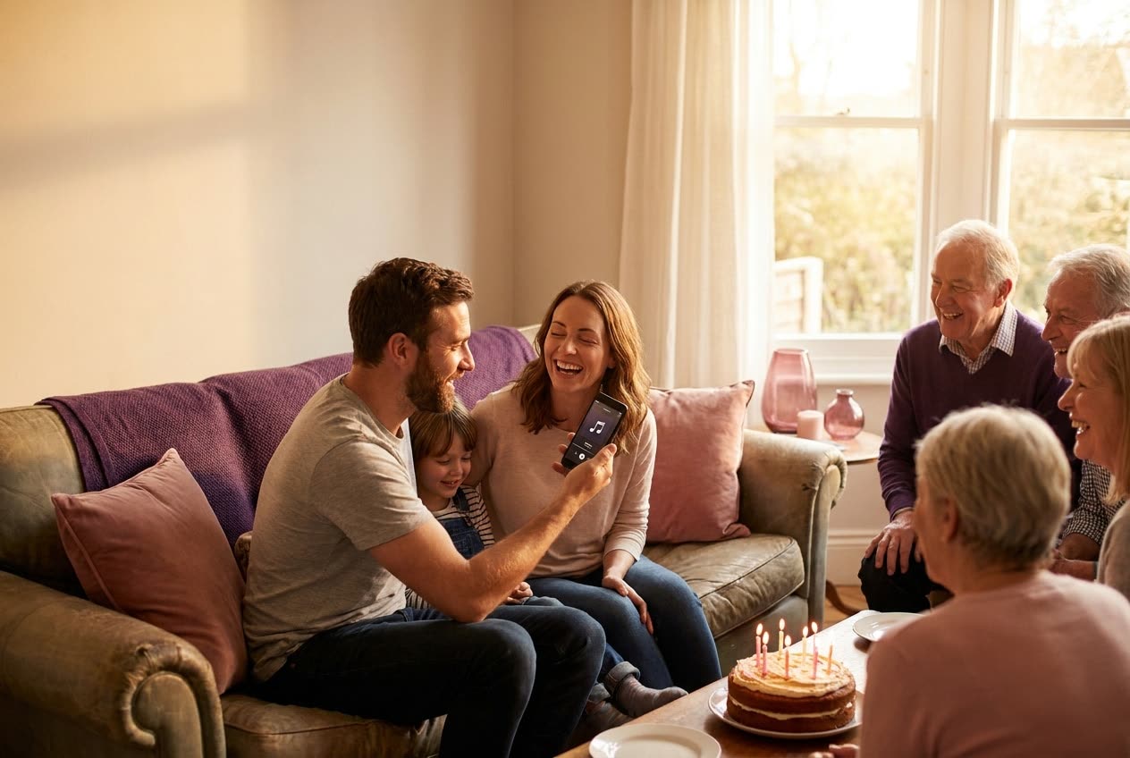 A family playing a song from a smartphone for their wife during a birthday celebration, everyone listening with delighted smiles
