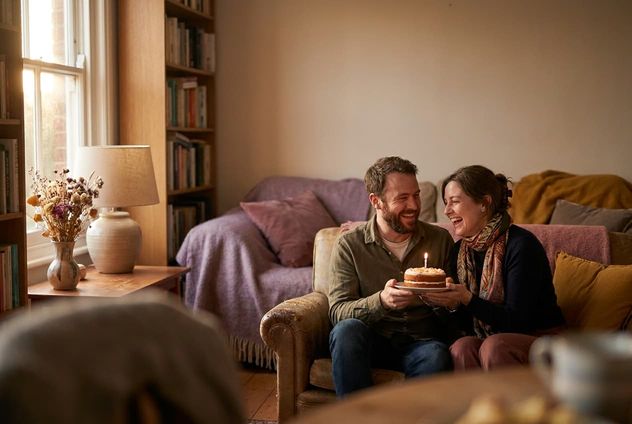 A person and their wife sharing a joyful birthday moment at home