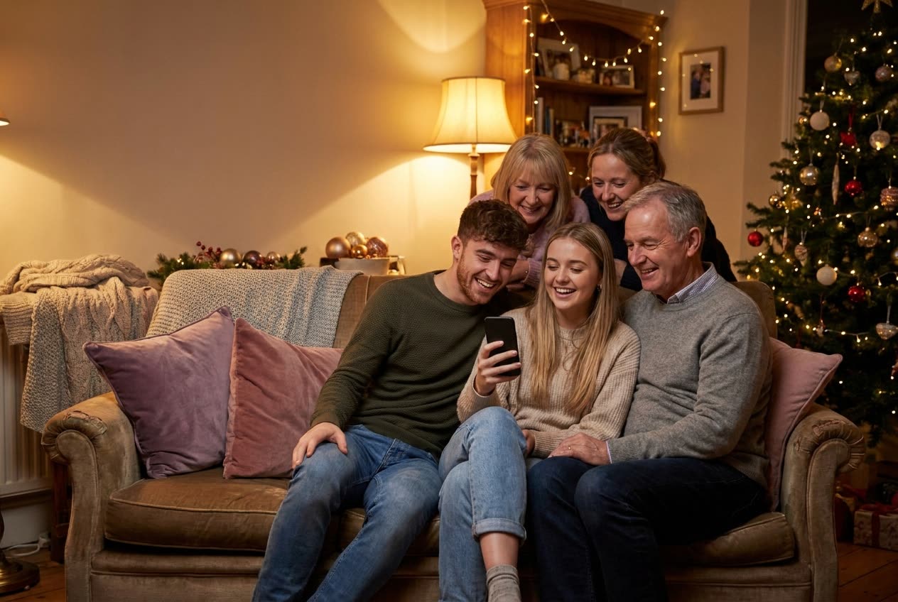 A family playing a song from a smartphone for their boyfriend during a christmas celebration, everyone listening with delighted smiles