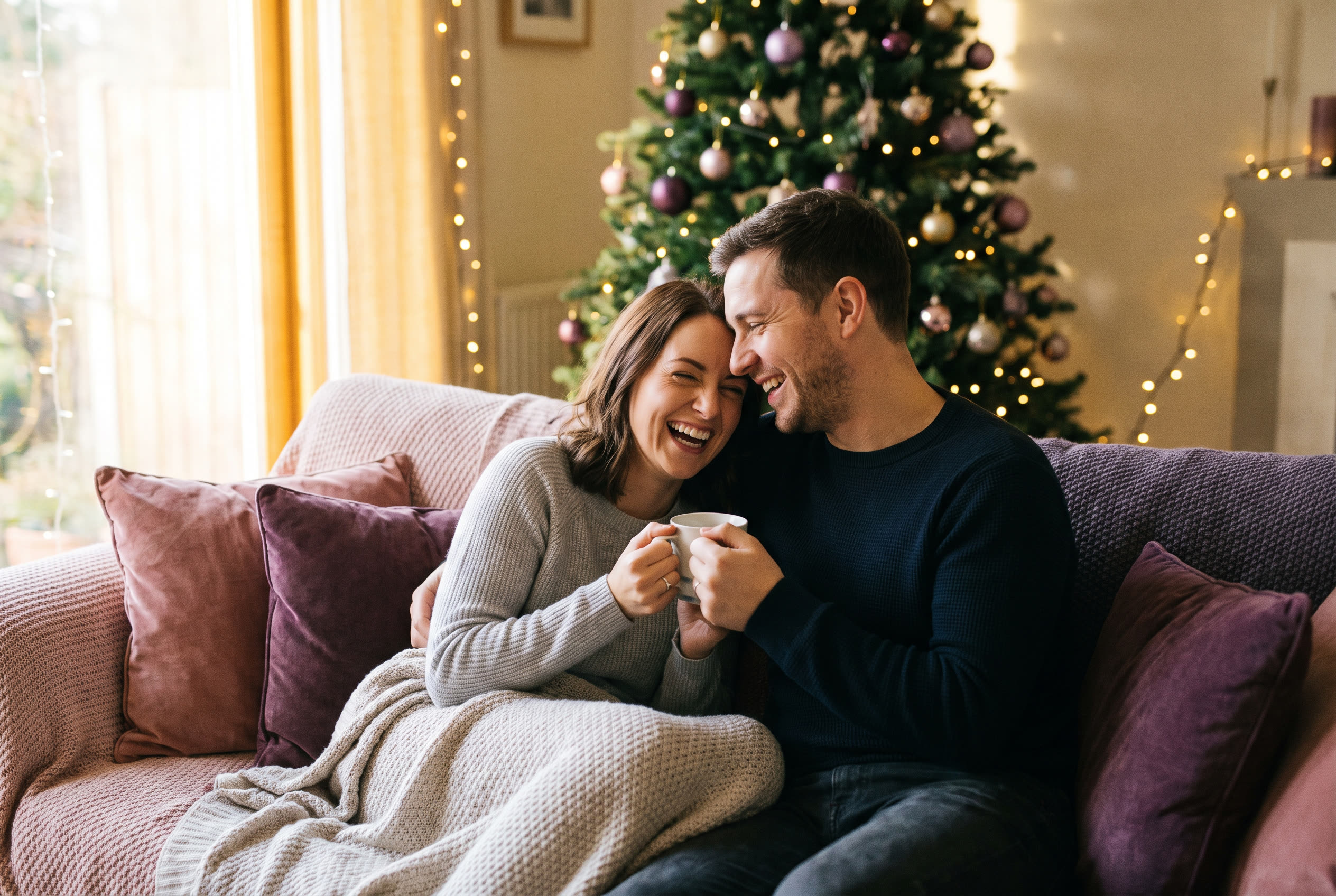 A person and their boyfriend sharing a joyful christmas moment at home