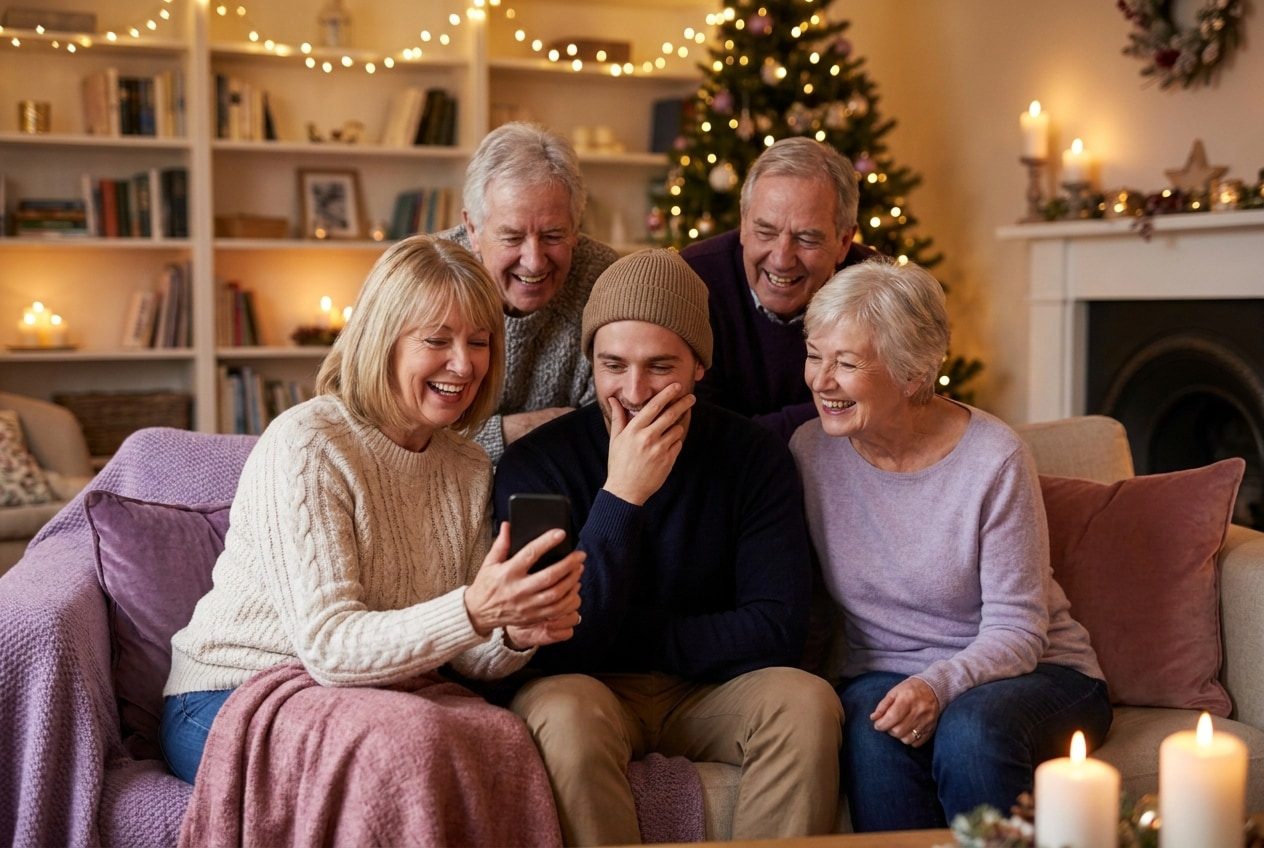 A family playing a song from a smartphone for their brother during a christmas celebration, everyone listening with delighted smiles