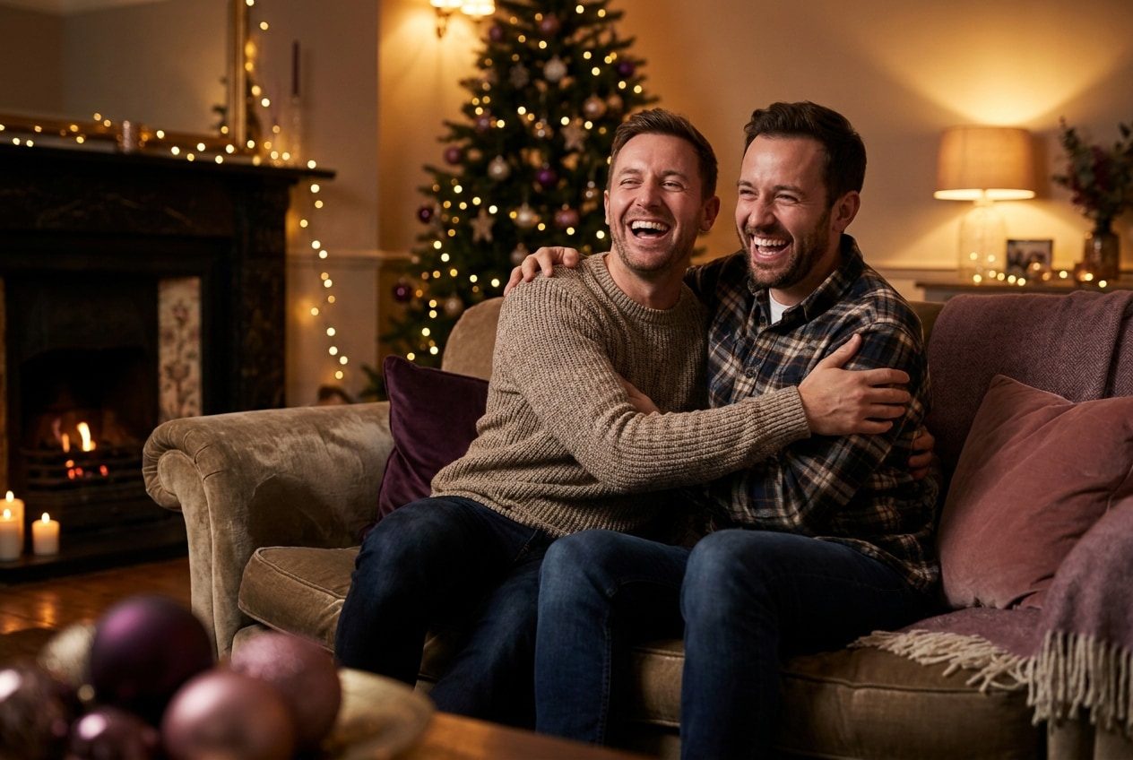 A person and their brother sharing a joyful christmas moment at home
