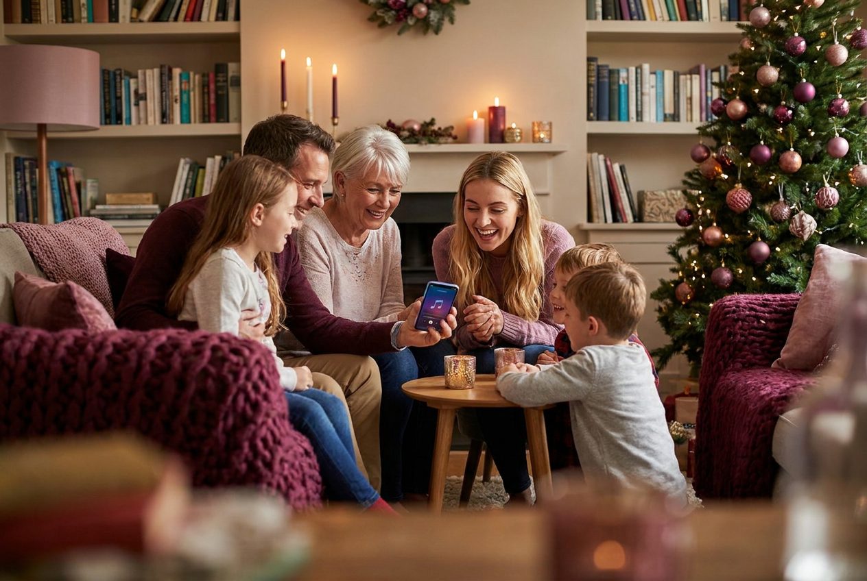 A family playing a song from a smartphone for their cousin during a christmas celebration, everyone listening with delighted smiles