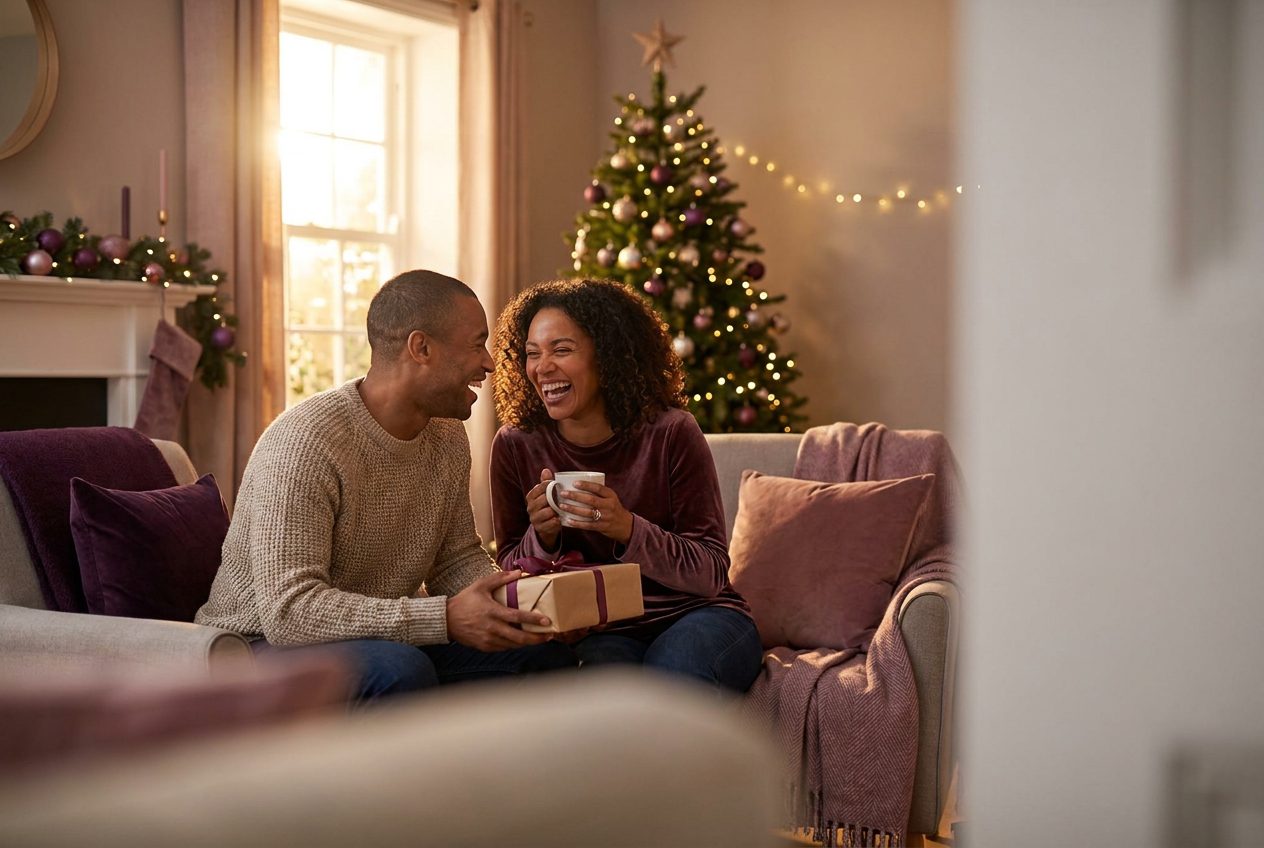 A person and their cousin sharing a joyful christmas moment at home