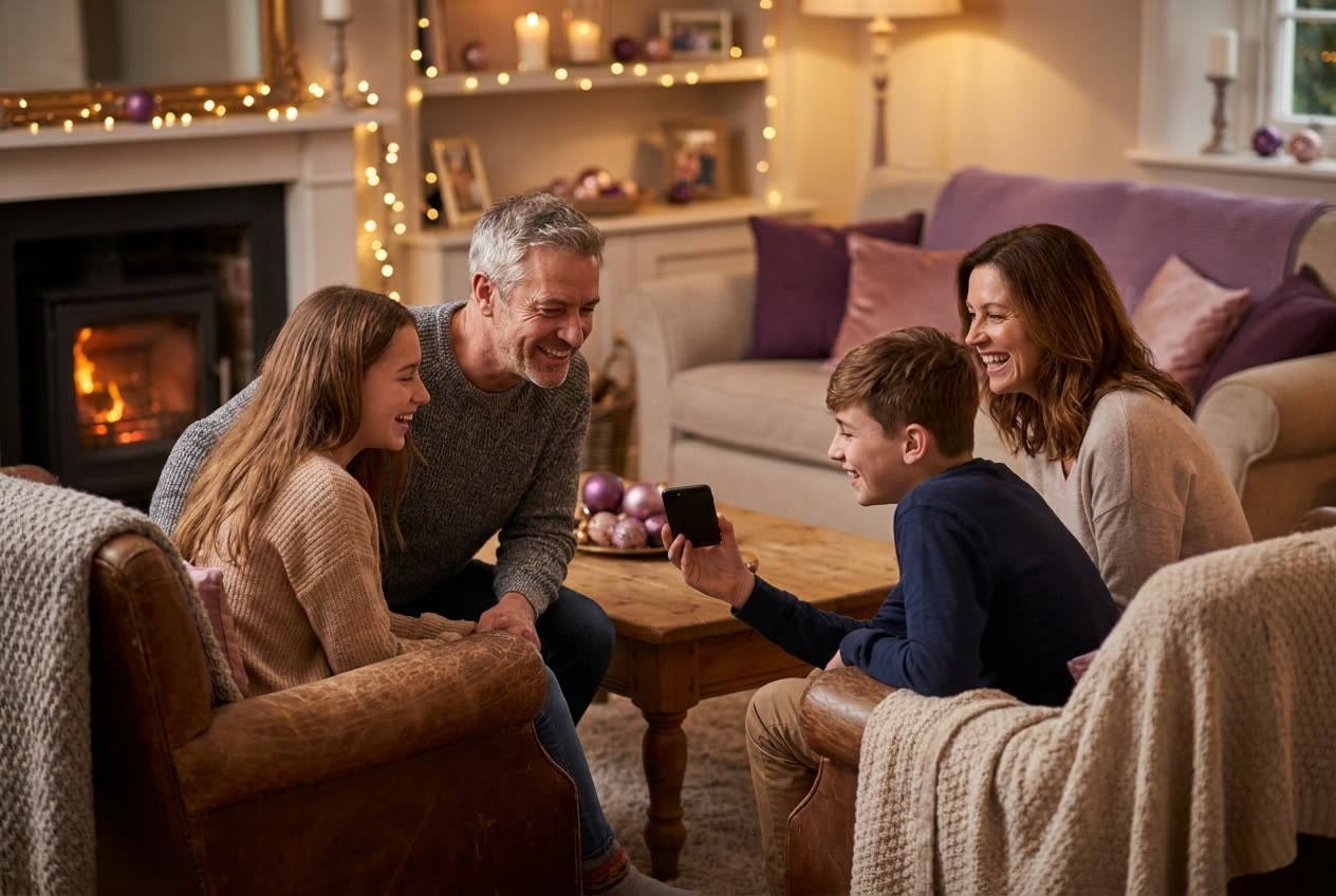 A family playing a song from a smartphone for their dad during a christmas celebration, everyone listening with delighted smiles
