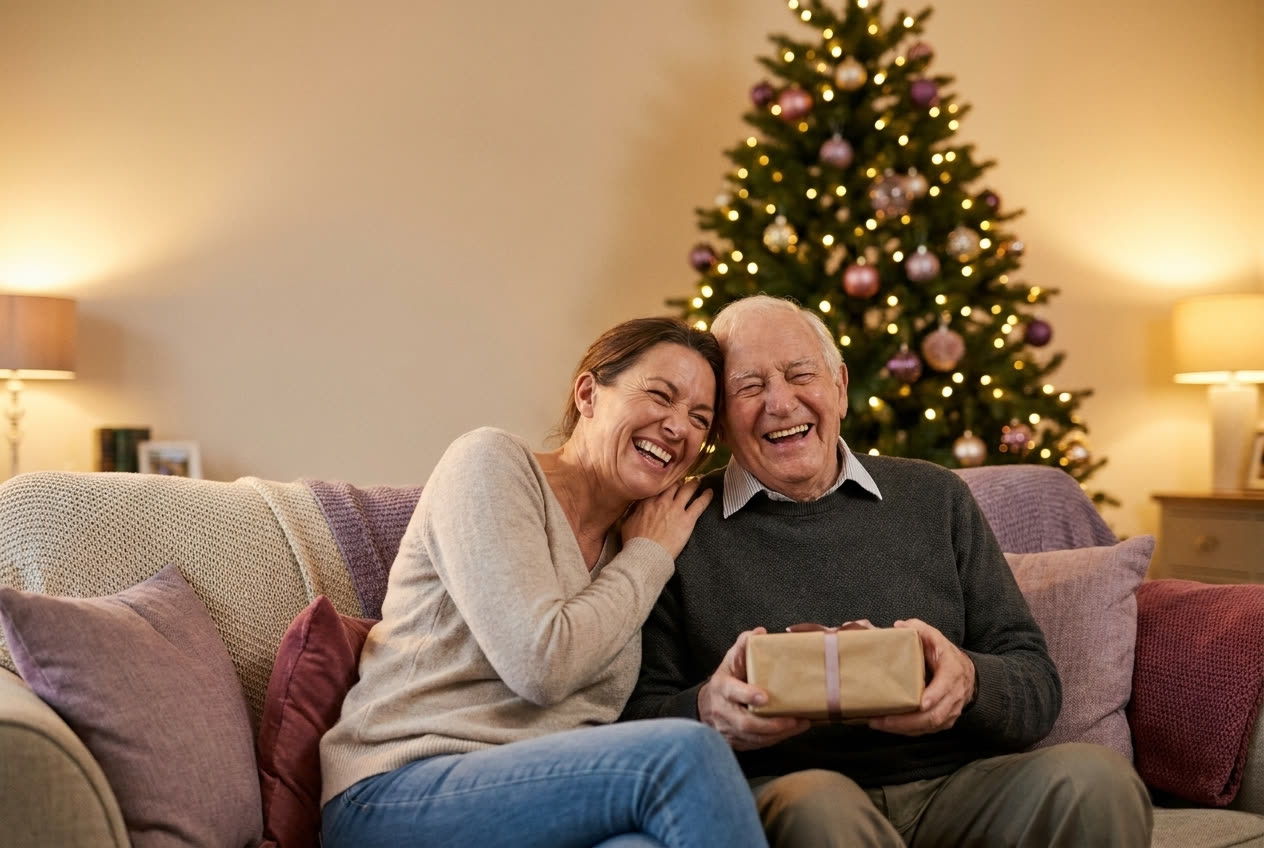 A person and their dad sharing a joyful christmas moment at home
