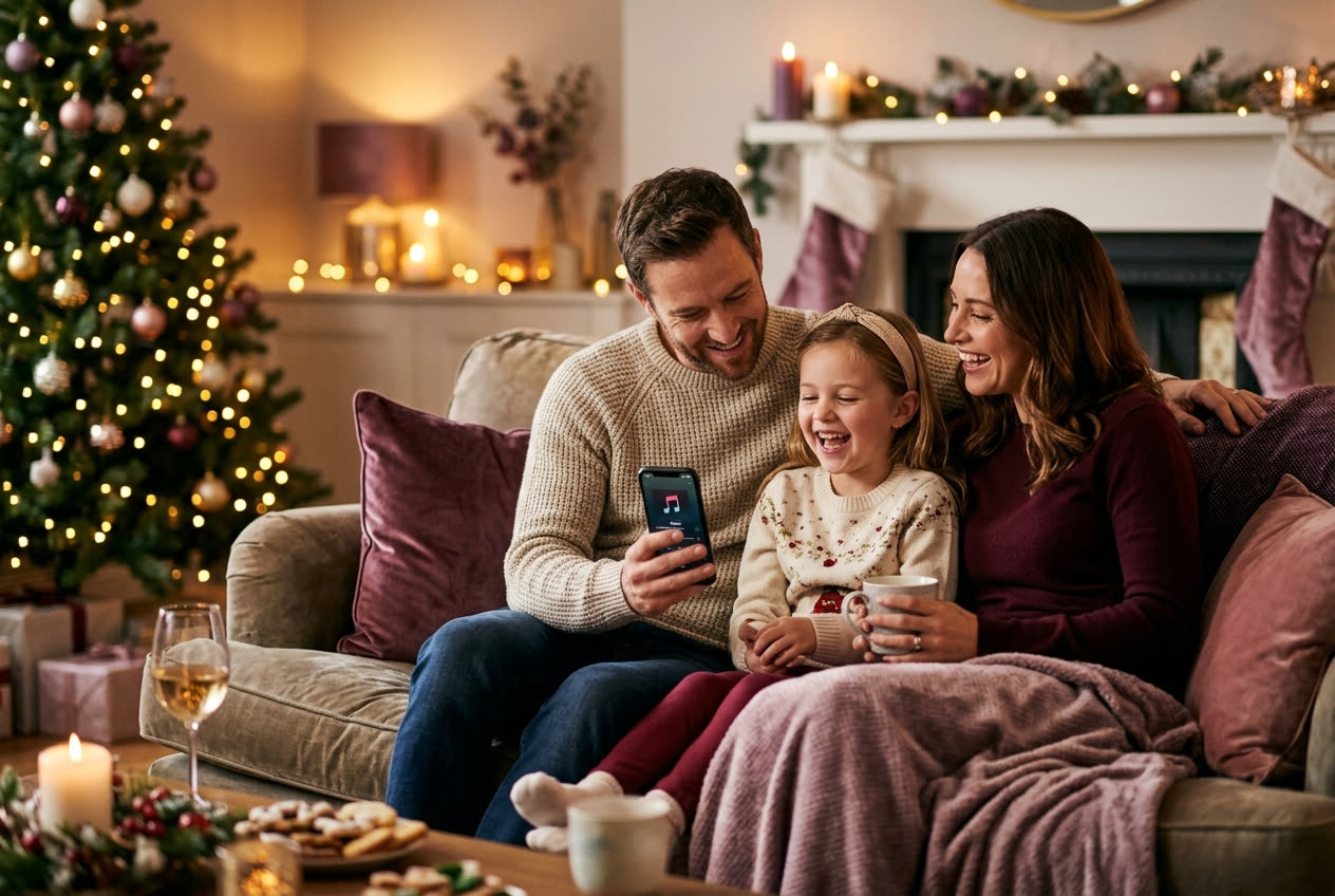 A family playing a song from a smartphone for their daughter during a christmas celebration, everyone listening with delighted smiles